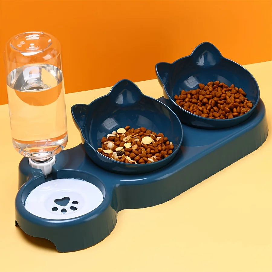 3-in-1 Katzennapf mit Wasserflasche – Neigbares Design für Nackenschutz & automatische Wasserversorgung