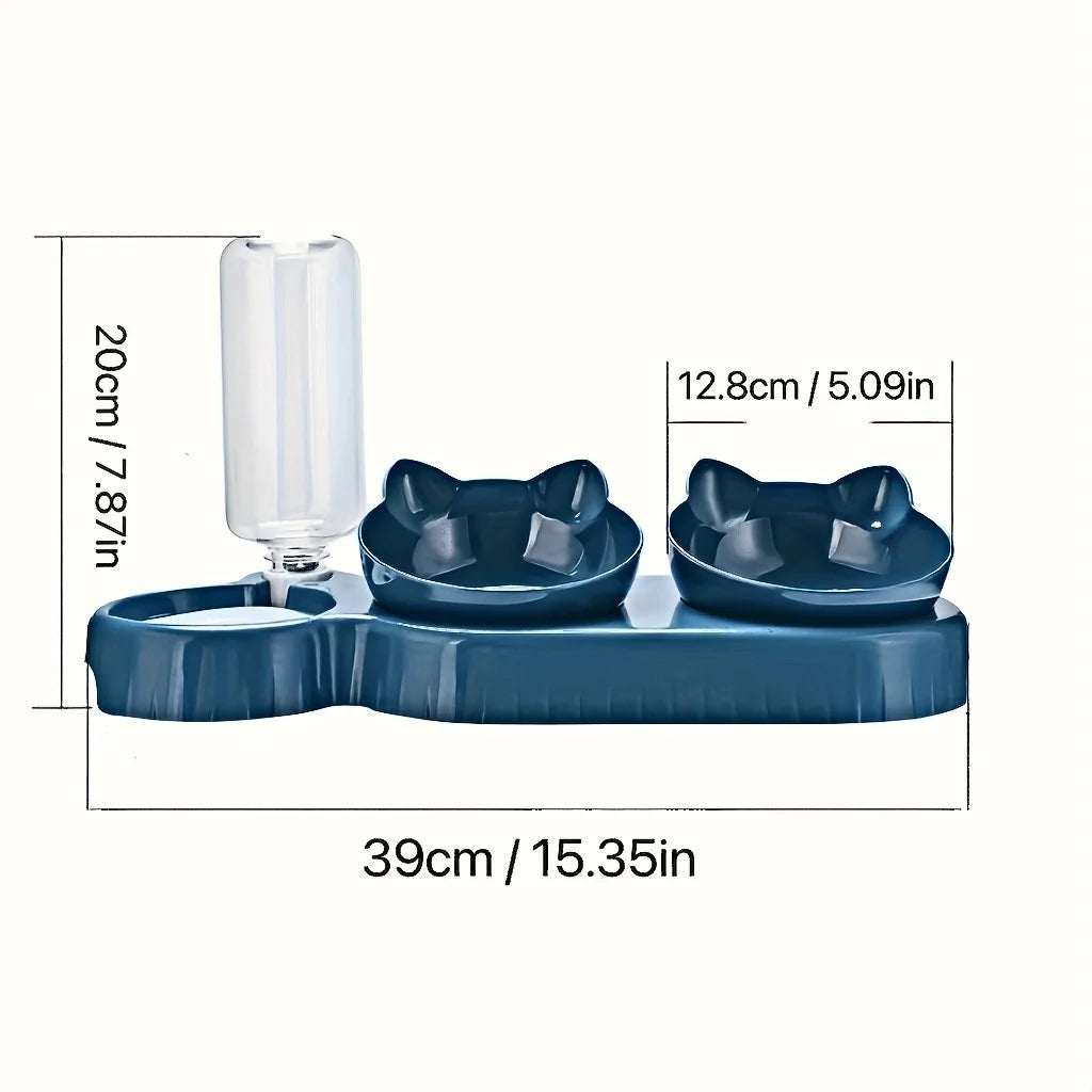 3-in-1 Katzennapf mit Wasserflasche – Neigbares Design für Nackenschutz & automatische Wasserversorgung