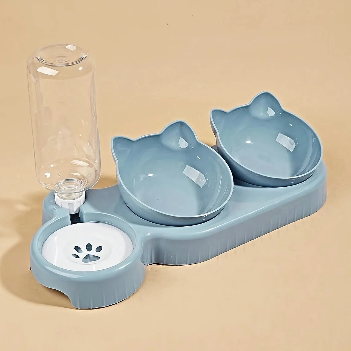 3-in-1 Katzennapf mit Wasserflasche – Neigbares Design für Nackenschutz & automatische Wasserversorgung