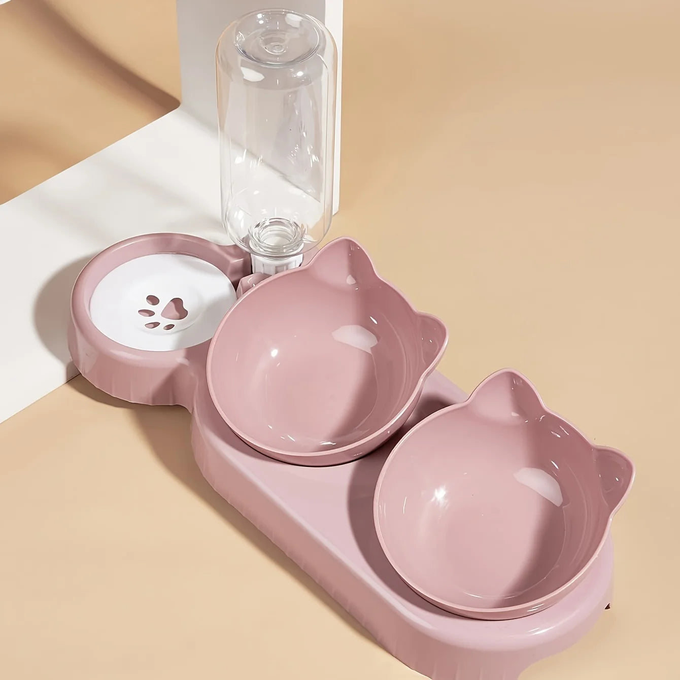3-in-1 Katzennapf mit Wasserflasche – Neigbares Design für Nackenschutz & automatische Wasserversorgung