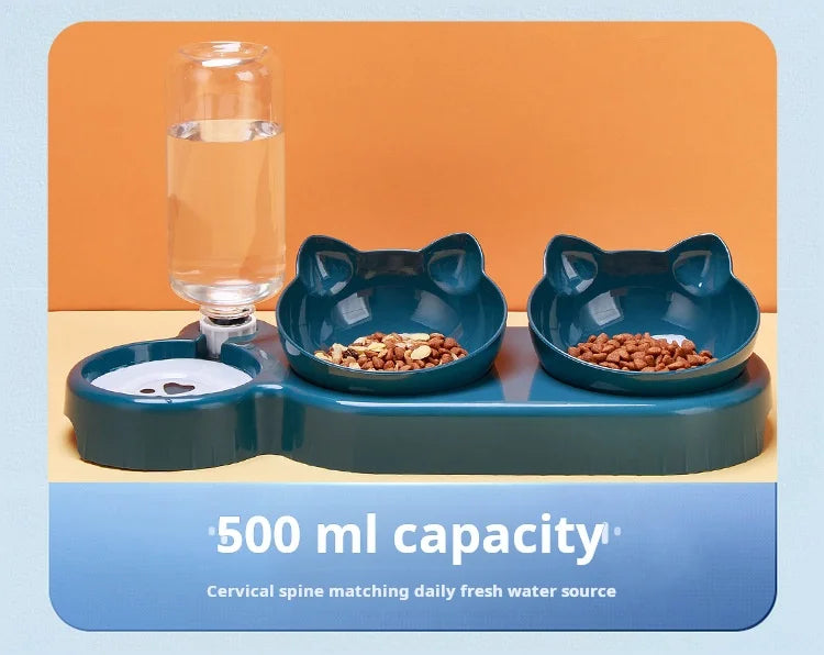 3-in-1 Katzennapf mit Wasserflasche – Neigbares Design für Nackenschutz & automatische Wasserversorgung