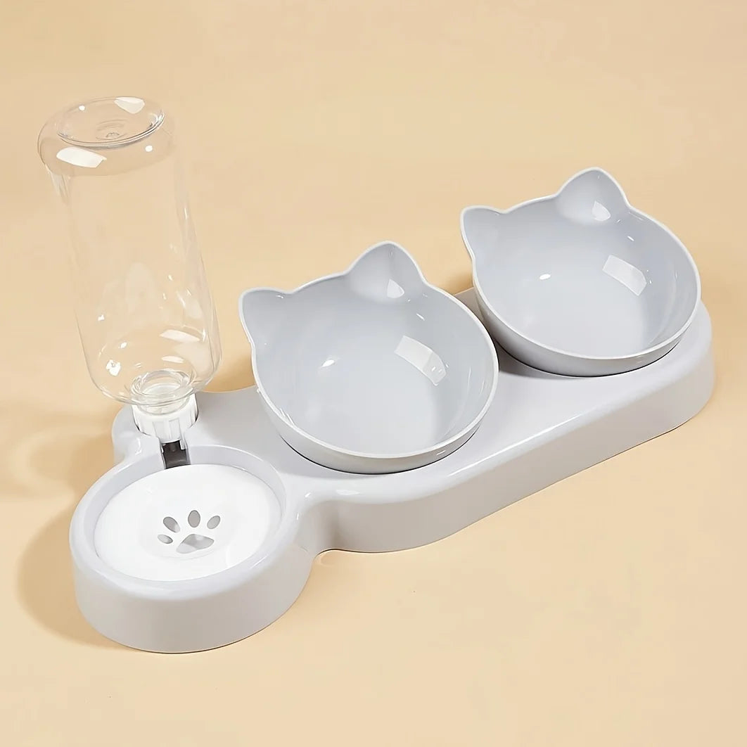 3-in-1 Katzennapf mit Wasserflasche – Neigbares Design für Nackenschutz & automatische Wasserversorgung