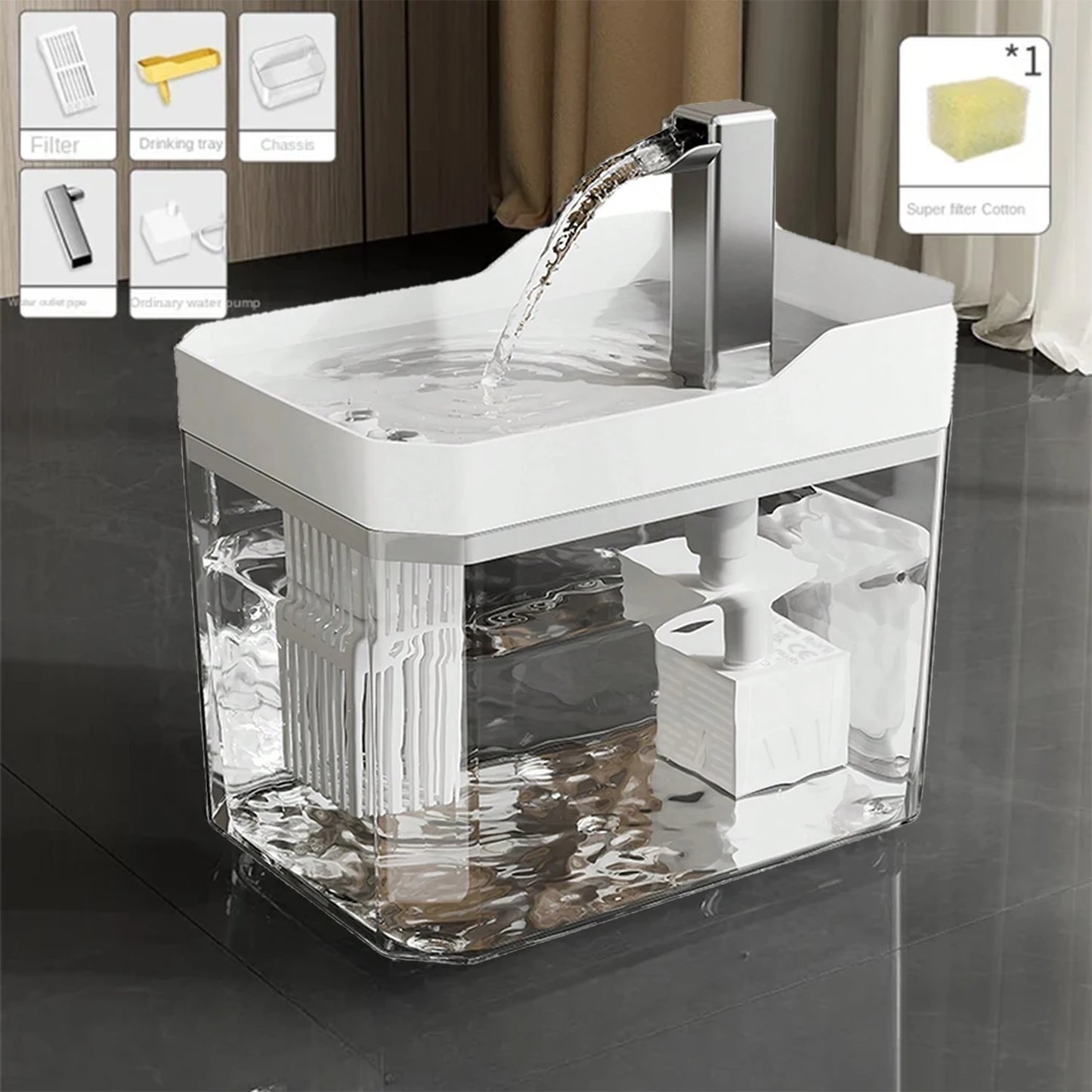 Katzenbrunnen mit Filter – Transparenter USB-Wasserspender (1,5 l) mit leiser Pumpe