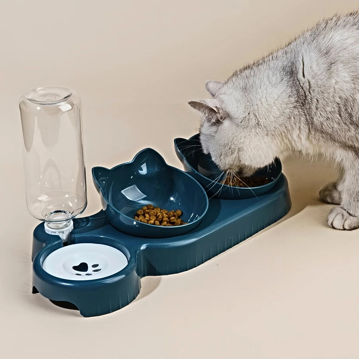 3-in-1 Katzennapf mit Wasserflasche – Neigbares Design für Nackenschutz & automatische Wasserversorgung