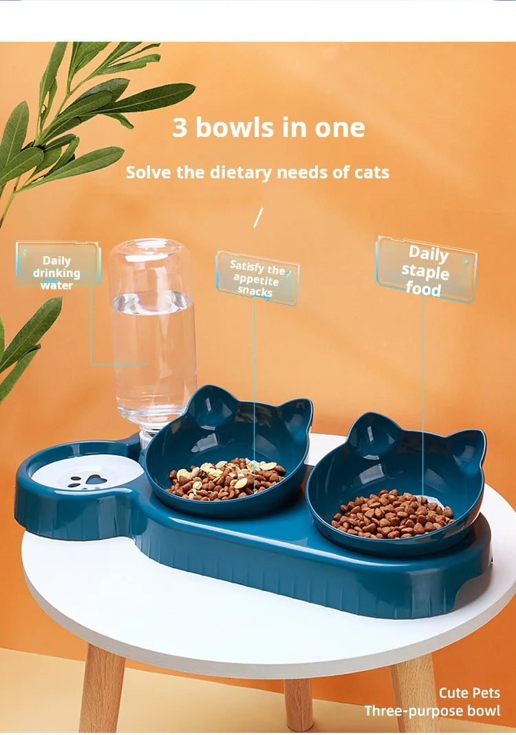 3-in-1 Katzennapf mit Wasserflasche – Neigbares Design für Nackenschutz & automatische Wasserversorgung