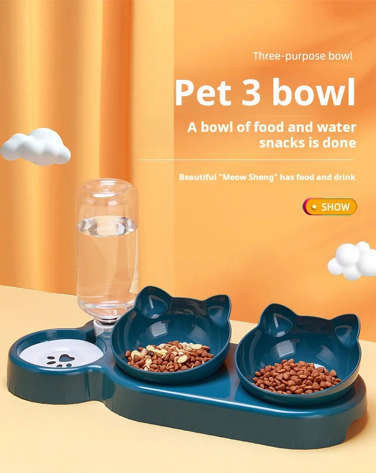 3-in-1 Katzennapf mit Wasserflasche – Neigbares Design für Nackenschutz & automatische Wasserversorgung