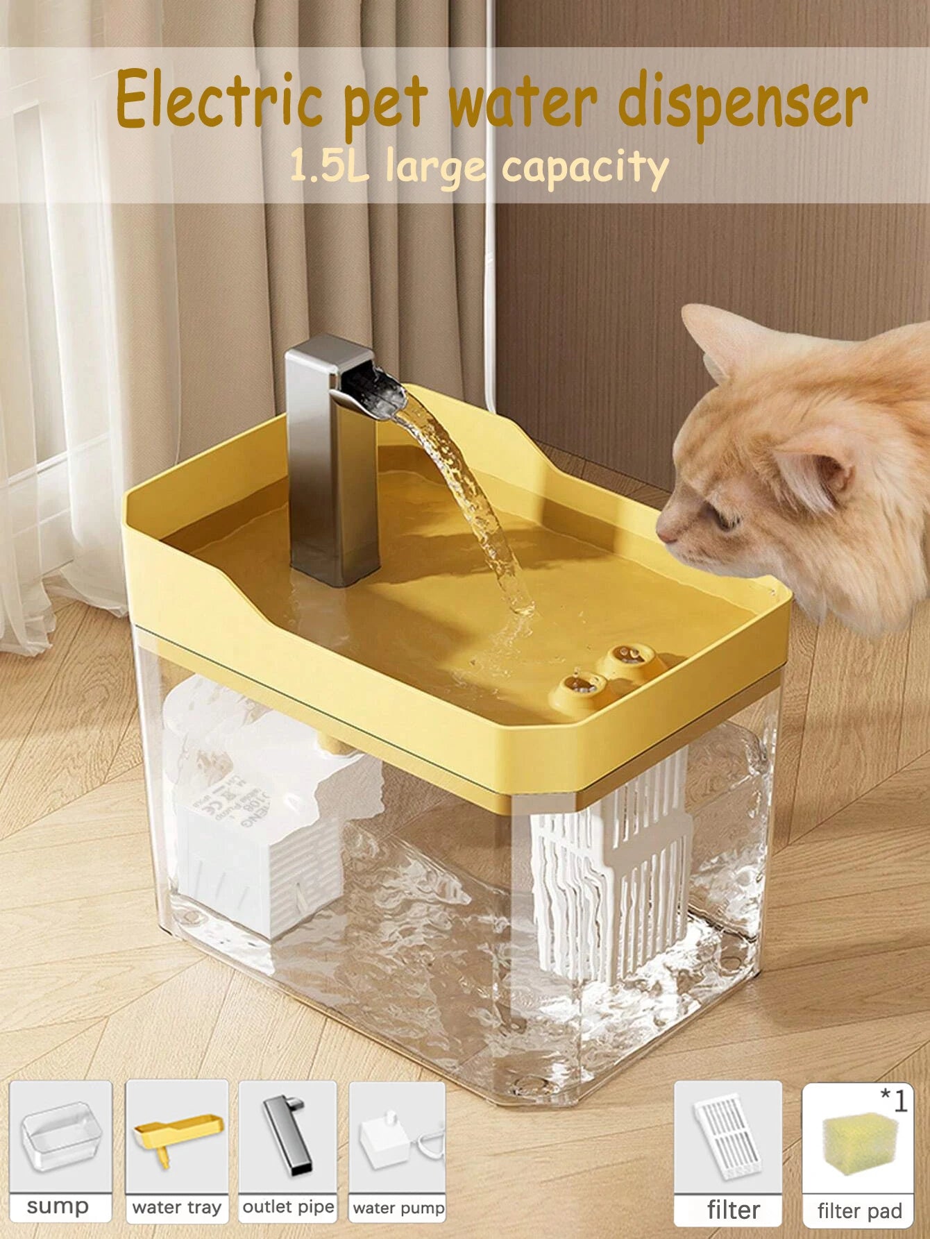 Katzenbrunnen mit Filter – Transparenter USB-Wasserspender (1,5 l) mit leiser Pumpe