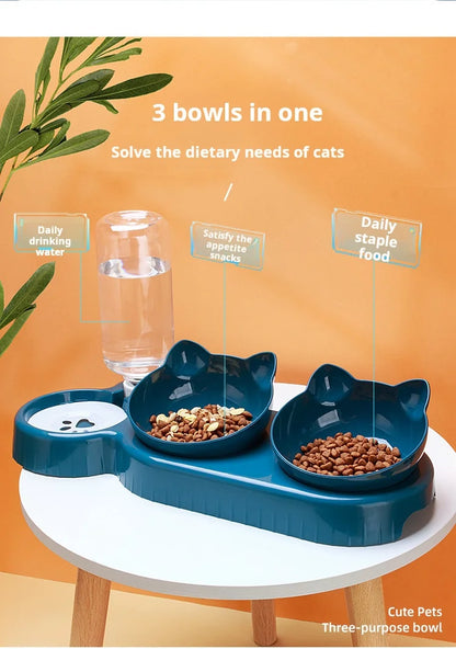 3-in-1 Katzennapf mit Wasserflasche – Neigbares Design für Nackenschutz & automatische Wasserversorgung